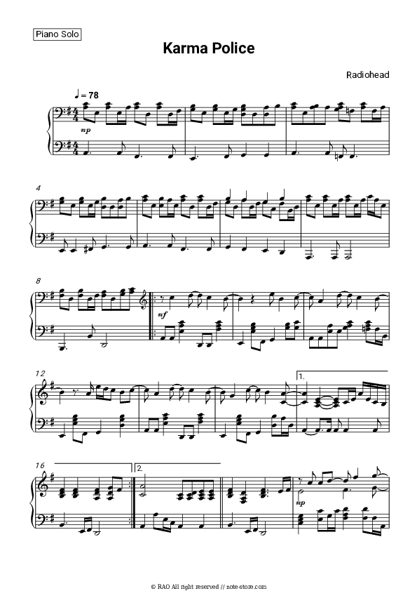 Karma Police - Radiohead Piano Sheet Music - Piano.Solo