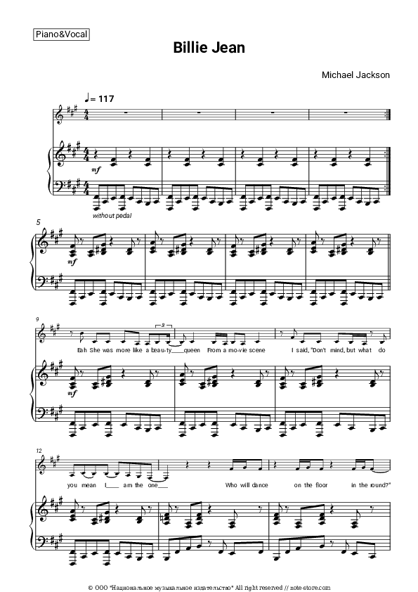 Billie Jean - Michael Jackson Piano Sheet Music with the Voice part - Piano&Vocal