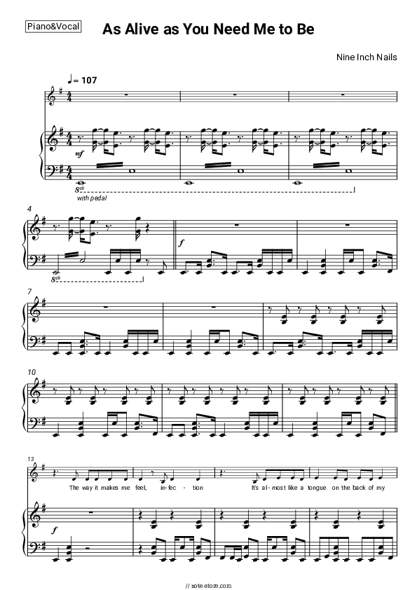 As Alive as You Need Me to Be - Nine Inch Nails Piano Sheet Music with the Voice part - Piano&Vocal