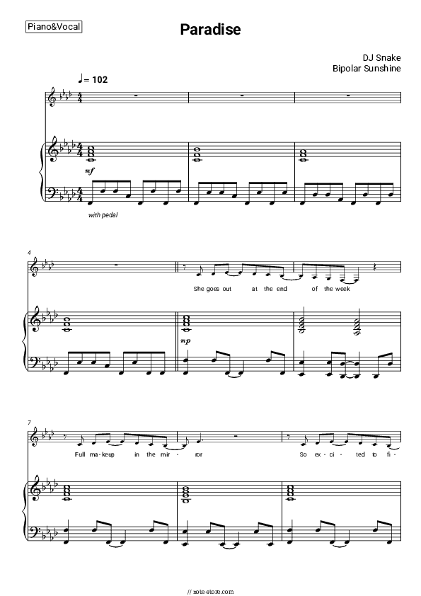 Paradise - DJ Snake, Bipolar Sunshine Piano Sheet Music with the Voice part - Piano&Vocal