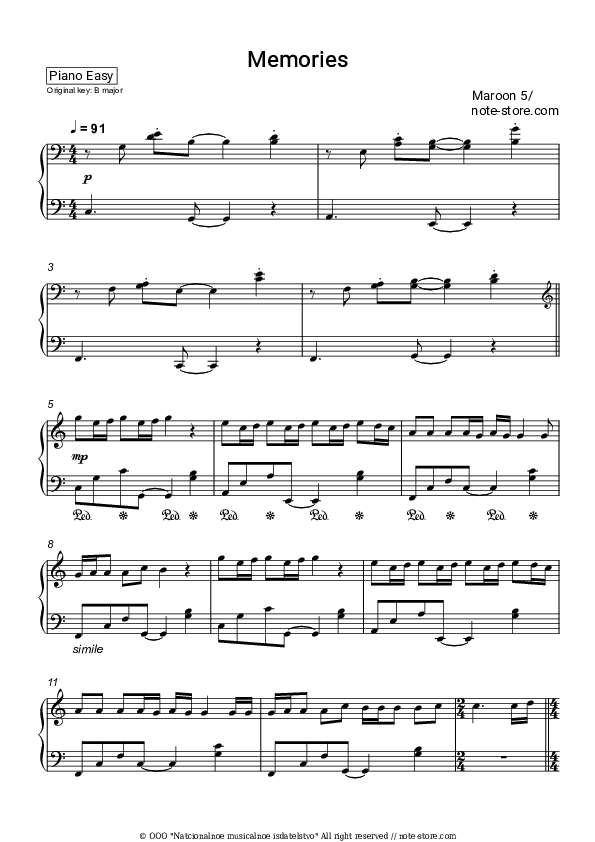 Memories - Maroon 5 Piano Sheet Music Easy - Piano.Easy
