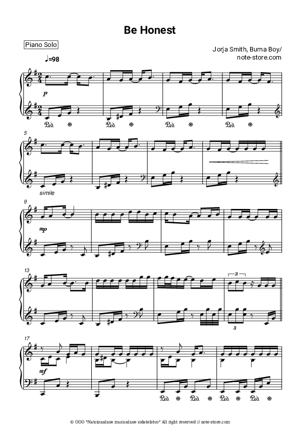 Be Honest - Jorja Smith, Burna Boy Piano Sheet Music - Piano.Solo