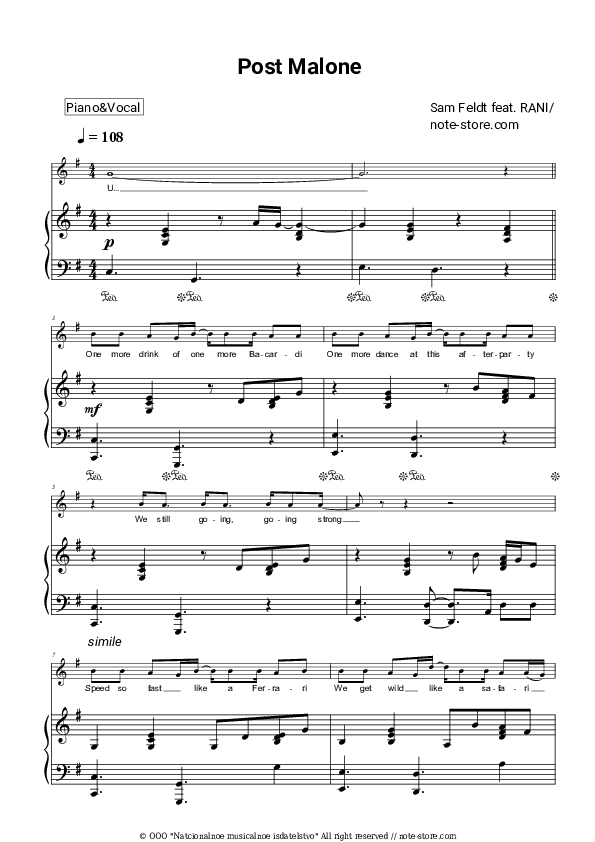Post Malone - Sam Feldt, RANI Piano Sheet Music with the Voice part - Piano&Vocal