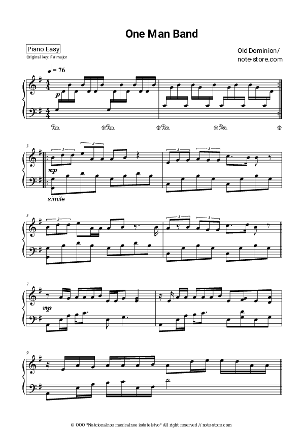 One Man Band - Old Dominion Piano Sheet Music Easy - Piano.Easy