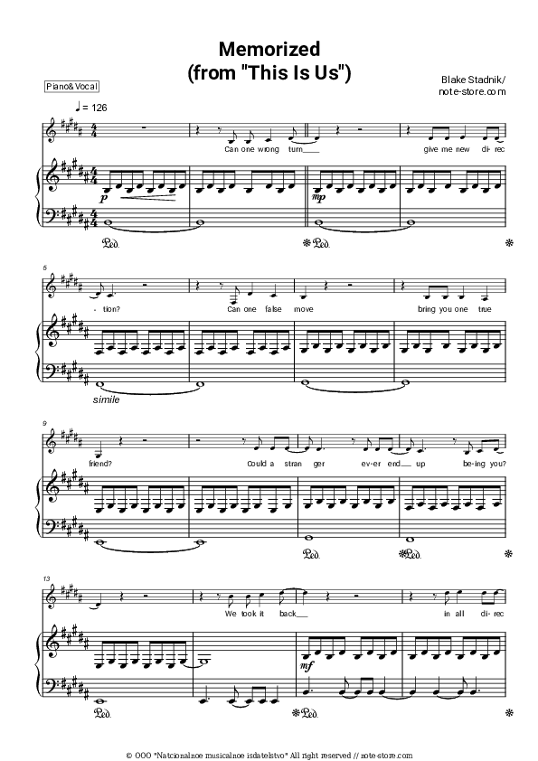 Memorized (From This Is Us) - Blake Stadnik Piano Sheet Music with the Voice part - Piano&Vocal