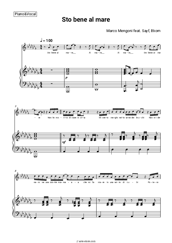 Sto bene al mare - Marco Mengoni, Sayf, Rkomi Piano Sheet Music with the Voice part - Piano&Vocal