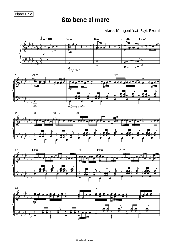 Sto bene al mare - Marco Mengoni, Sayf, Rkomi Piano Sheet Music and Chords - Piano.Solo&Chords