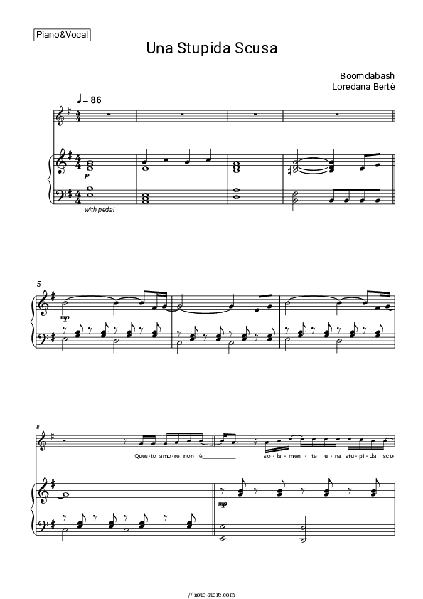 Una Stupida Scusa - Boomdabash, Loredana Bertè Piano Sheet Music with the Voice part - Piano&Vocal