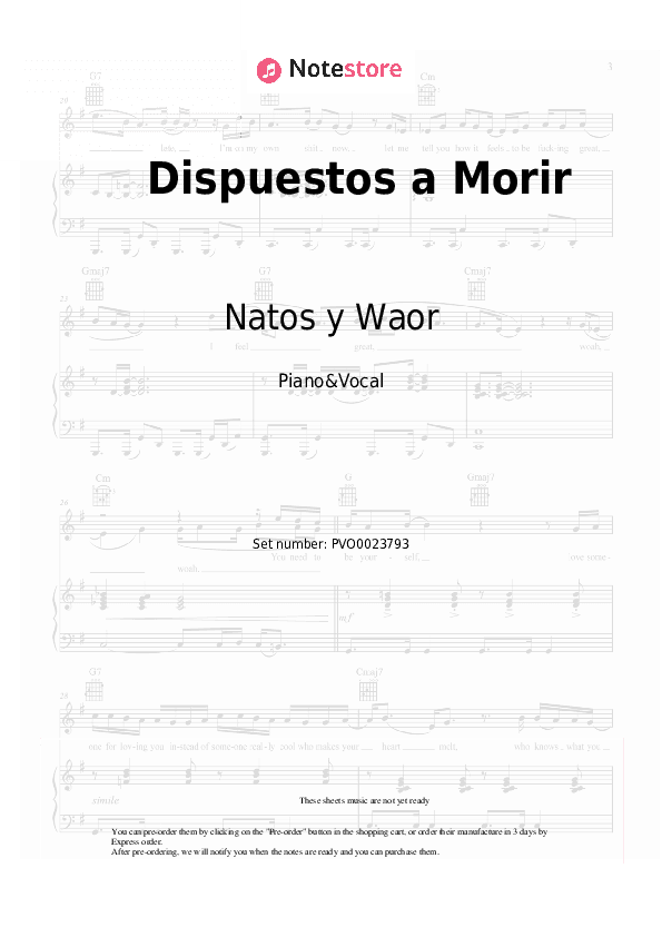 Dispuestos a Morir - Natos y Waor, Bardero$ Piano Sheet Music with the Voice part - Piano&Vocal