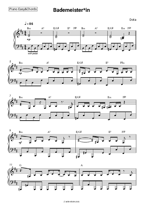 Bademeister*in - Dota Sheet Music Easy and Chords - Piano.Easy&Chords