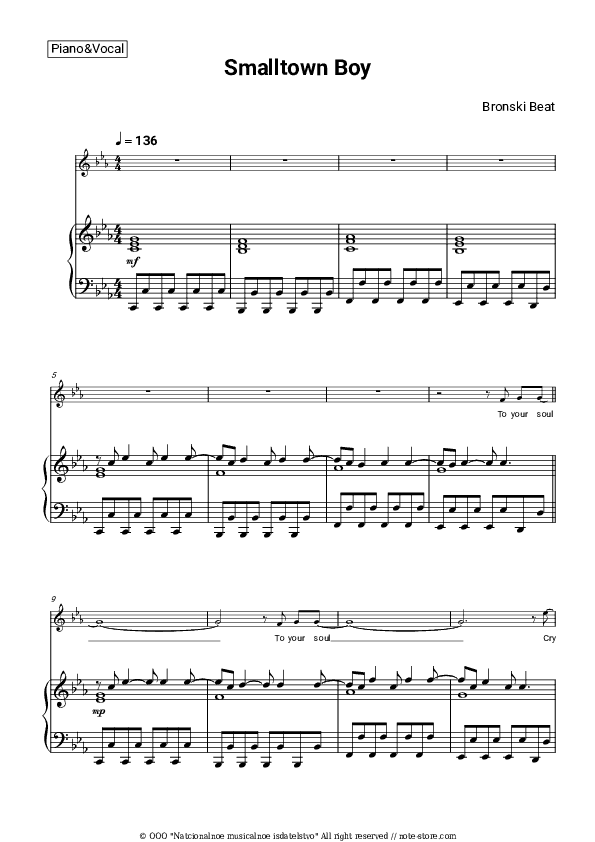 Smalltown Boy - Bronski Beat Piano Sheet Music with the Voice part - Piano&Vocal