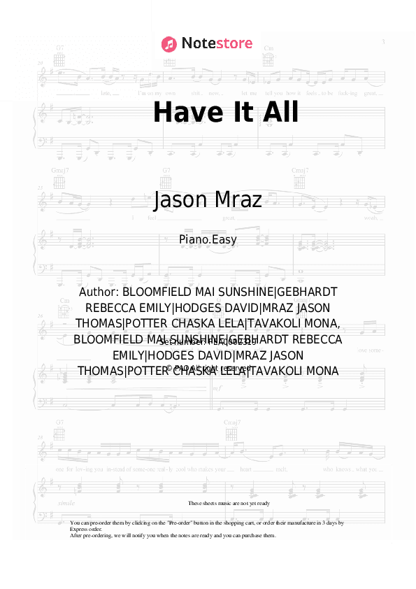 Have It All - Jason Mraz Piano Sheet Music Easy - Piano.Easy