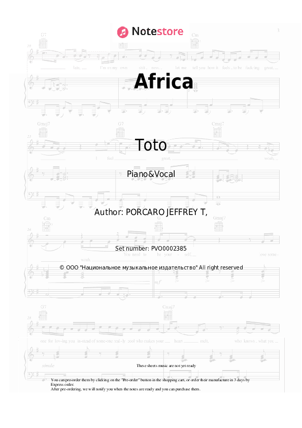 Africa - Toto Piano Sheet Music with the Voice part - Piano&Vocal