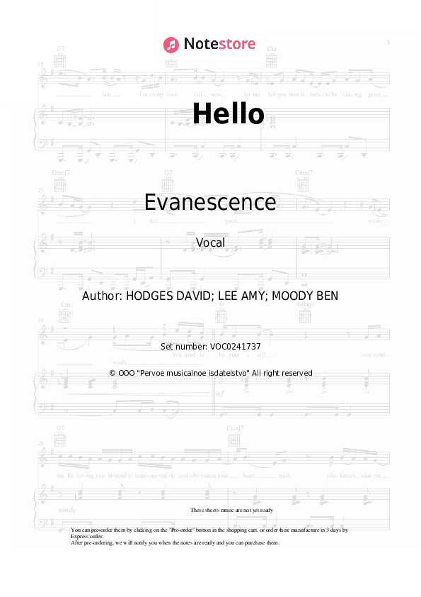 Hello - Evanescence Vocal Sheet Music - Vocal