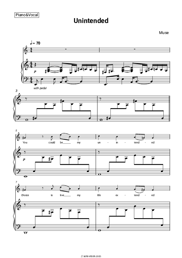 Unintended - Muse Piano Sheet Music with the Voice part - Piano&Vocal