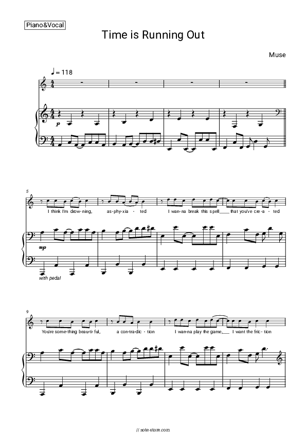 Time Is Running Out - Muse Piano Sheet Music with the Voice part - Piano&Vocal