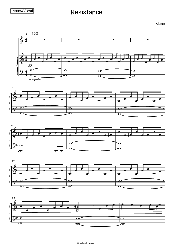 Resistance - Muse Piano Sheet Music with the Voice part - Piano&Vocal