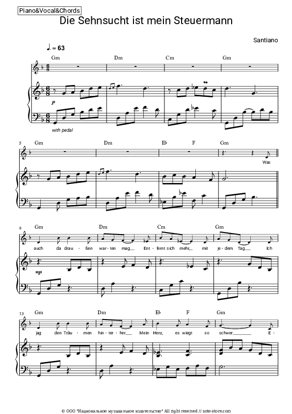 Die Sehnsucht ist mein Steuermann - Santiano Piano Sheet Music with the Vocal and Chords - Piano&Vocal&Chords