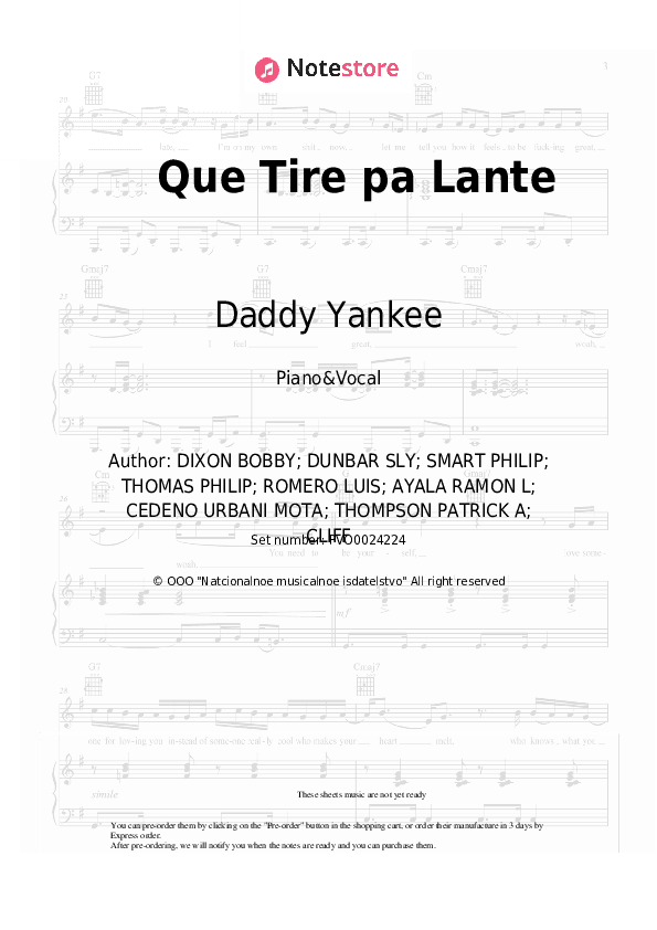 Que Tire pa Lante - Daddy Yankee Piano Sheet Music with the Voice part - Piano&Vocal