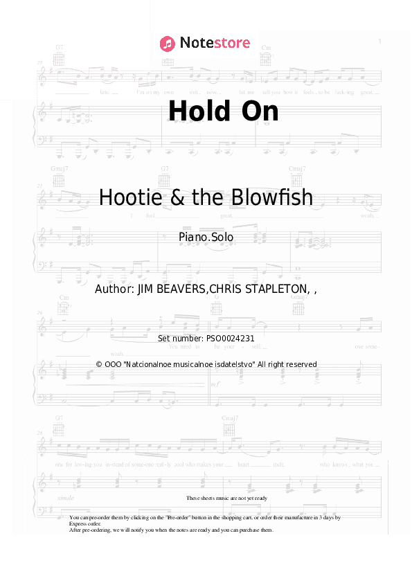 Hold On - Hootie & the Blowfish Piano Sheet Music - Piano.Solo
