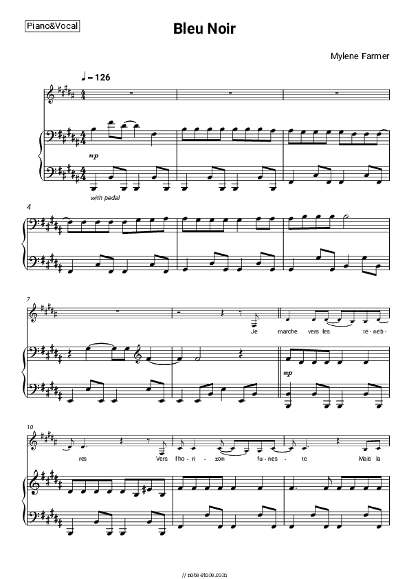 Bleu Noir - Mylène Farmer Piano Sheet Music with the Voice part - Piano&Vocal