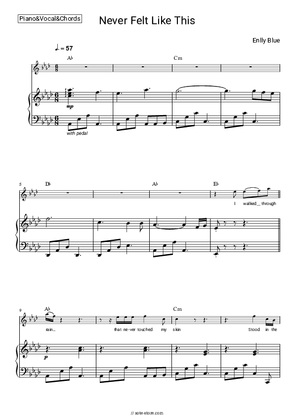 Never Felt Like This - Enlly Blue Piano Sheet Music with the Vocal and Chords - Piano&Vocal&Chords