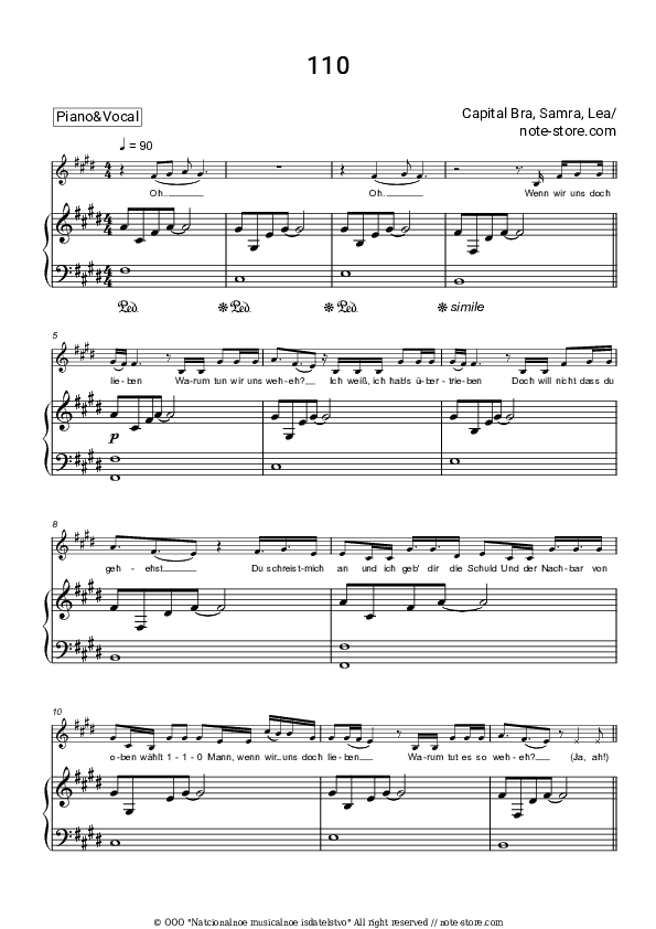 110 - Capital Bra, Samra, LEA Piano Sheet Music with the Voice part - Piano&Vocal