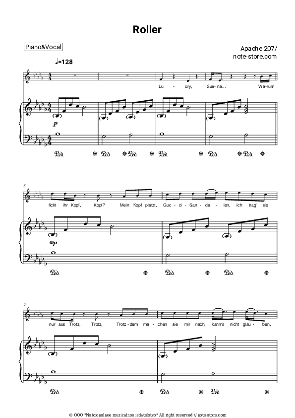 Roller - Apache 207 Piano Sheet Music with the Voice part - Piano&Vocal