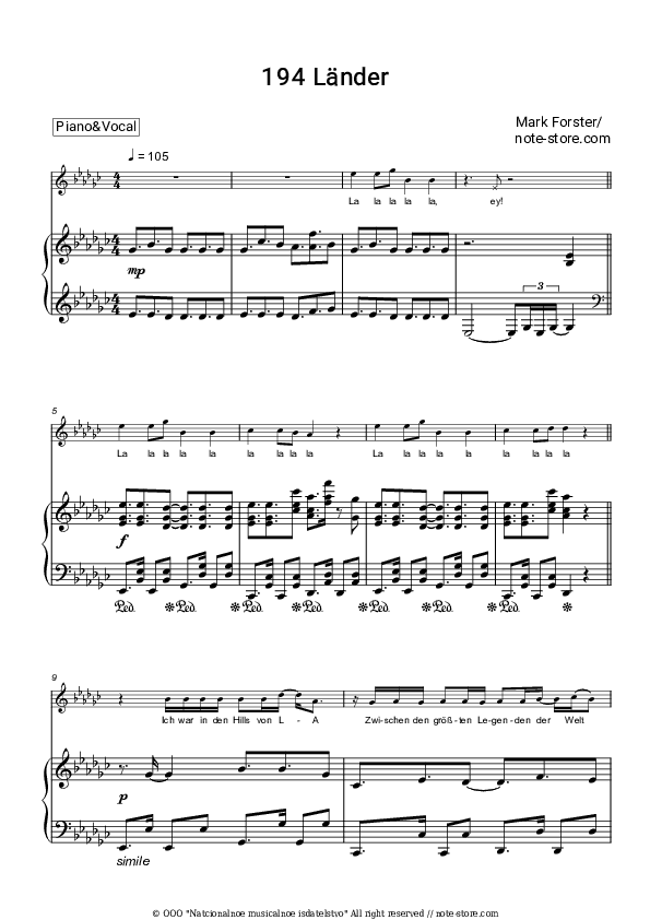 194 Lander - Mark Forster Piano Sheet Music with the Voice part - Piano&Vocal