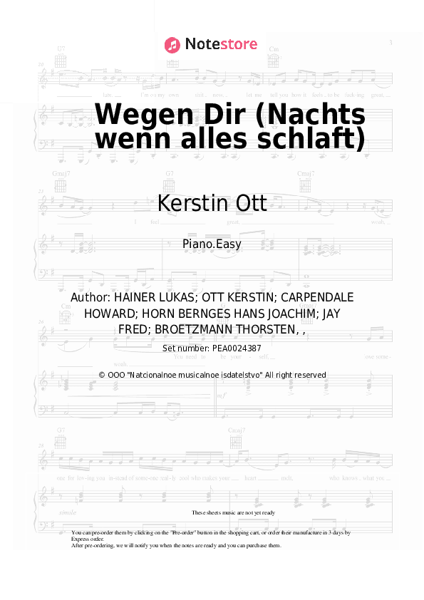 Wegen Dir (Nachts wenn alles schlaft) - Kerstin Ott Piano Sheet Music Easy - Piano.Easy