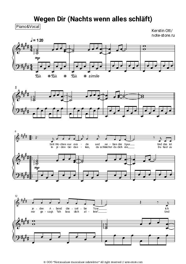 Wegen Dir (Nachts wenn alles schlaft) - Kerstin Ott Piano Sheet Music with the Voice part - Piano&Vocal