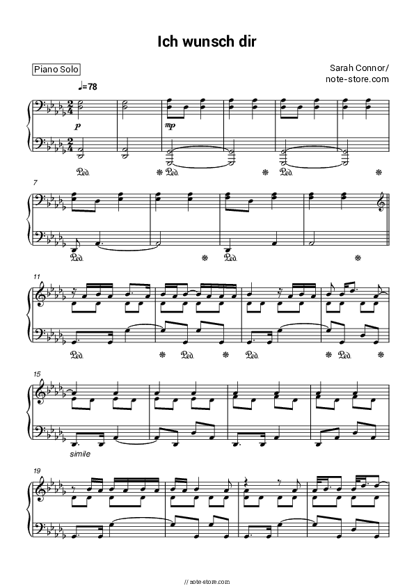 Ich wunsch dir - Sarah Connor Piano Sheet Music - Piano.Solo