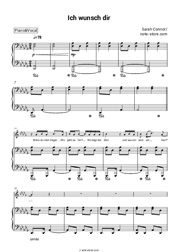 Ich wunsch dir - Sarah Connor Piano Sheet Music with the Voice part - Piano&Vocal