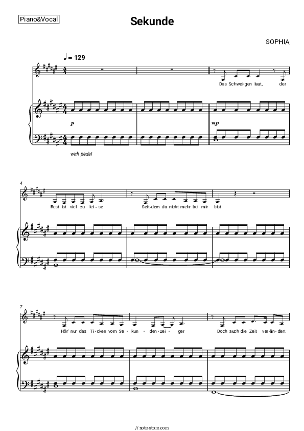 Sekunde - SOPHIA Piano Sheet Music with the Voice part - Piano&Vocal