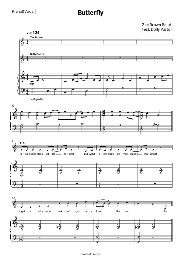 Butterfly - Zac Brown Band, Dolly Parton Piano Sheet Music with the Voice part - Piano&Vocal