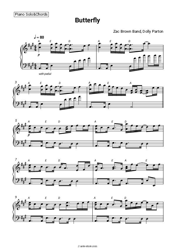 Butterfly - Zac Brown Band, Dolly Parton Piano Sheet Music and Chords - Piano.Solo&Chords