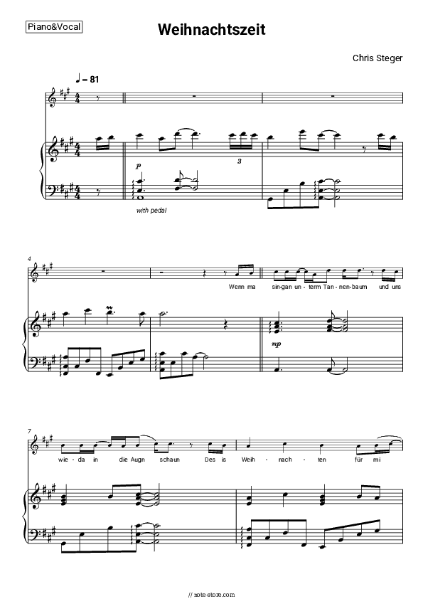 Weihnachtszeit - Chris Steger Piano Sheet Music with the Voice part - Piano&Vocal