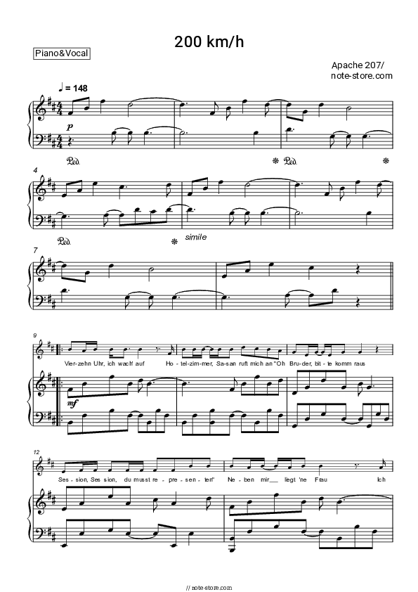 200 km/h - Apache 207 Piano Sheet Music with the Voice part - Piano&Vocal