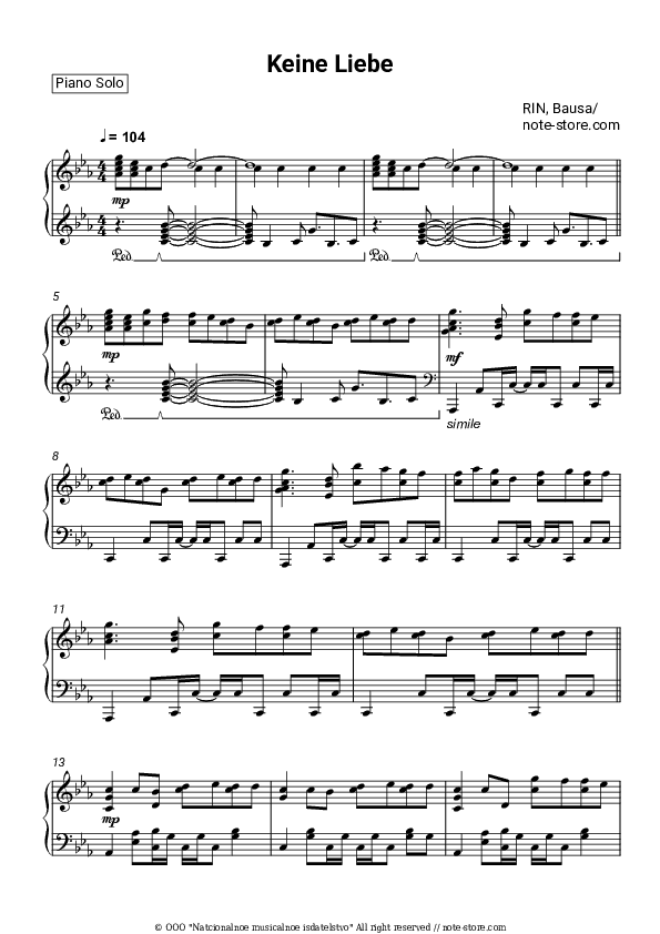 Keine Liebe - RIN, Bausa Piano Sheet Music - Piano.Solo