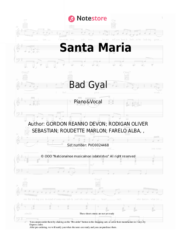 Santa Maria - Bad Gyal, Busy Signal Piano Sheet Music with the Voice part - Piano&Vocal
