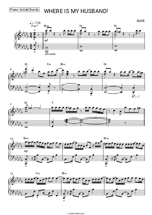 WHERE IS MY HUSBAND! - Raye Piano Sheet Music and Chords - Piano.Solo&Chords