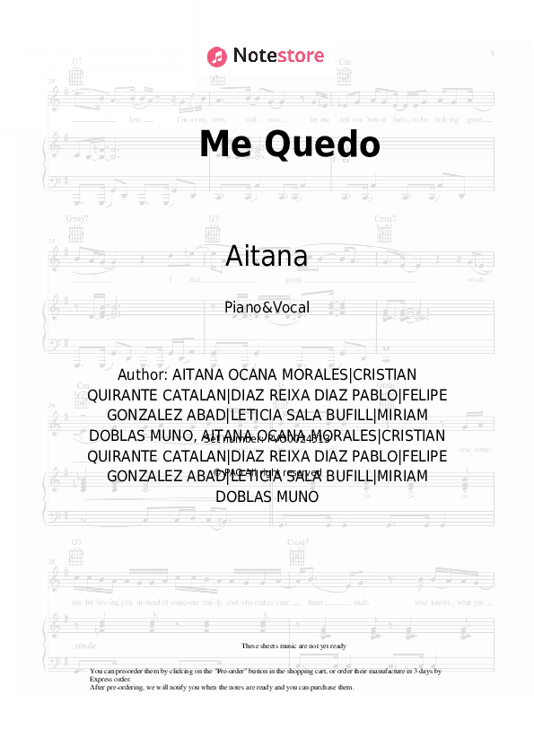 Me Quedo - Aitana, Lola Indigo Piano Sheet Music with the Voice part - Piano&Vocal