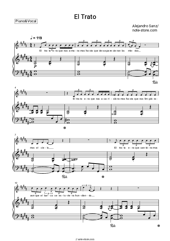 El Trato - Alejandro Sanz Piano Sheet Music with the Voice part - Piano&Vocal