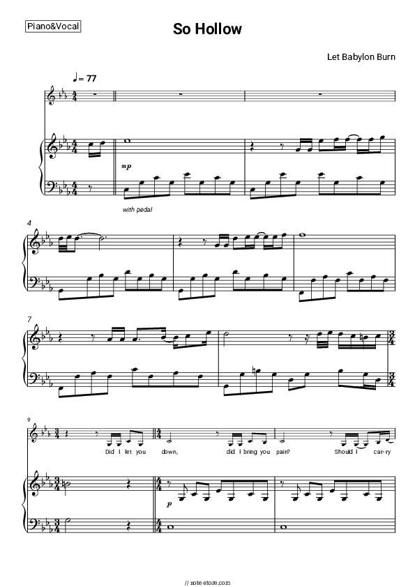 So Hollow - Let Babylon Burn Piano Sheet Music with the Voice part - Piano&Vocal