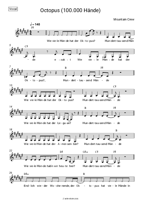 Octopus (100.000 Hände) - Mountain Crew Vocal Sheet Music - Vocal
