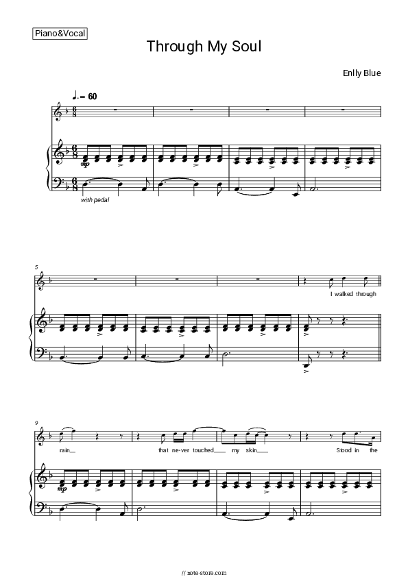 Through My Soul - Enlly Blue Piano Sheet Music with the Voice part - Piano&Vocal