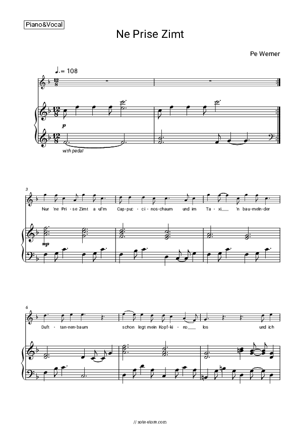 Ne Prise Zimt - Pe Werner Piano Sheet Music with the Voice part - Piano&Vocal