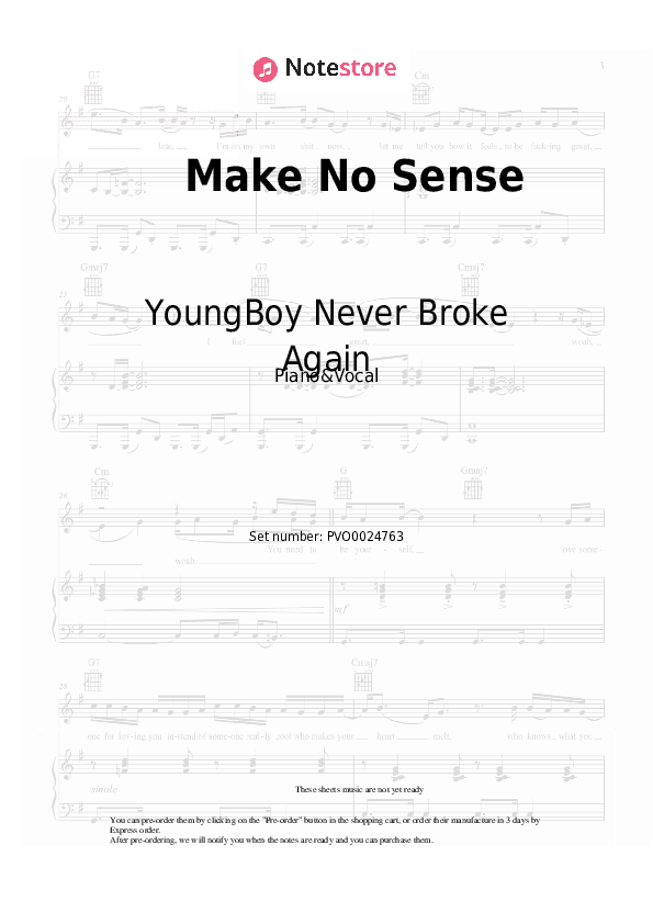 Make No Sense - YoungBoy Never Broke Again Piano Sheet Music with the Voice part - Piano&Vocal