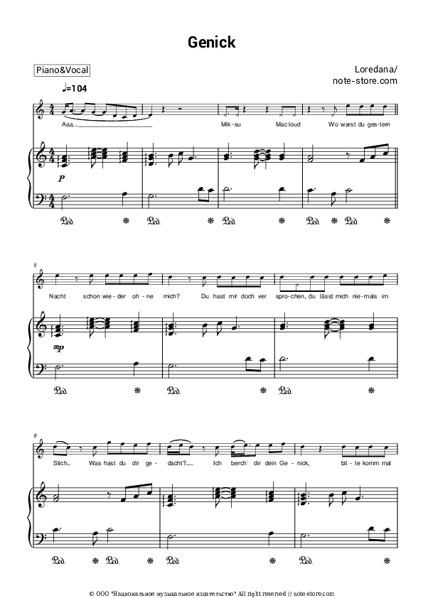 Genick - Loredana Piano Sheet Music with the Voice part - Piano&Vocal