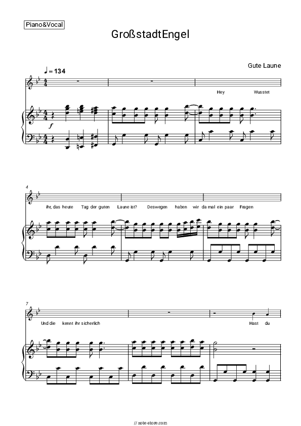 Gute Laune - GroßstadtEngel Piano Sheet Music with the Voice part - Piano&Vocal